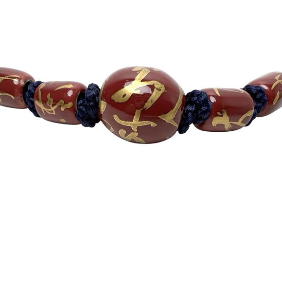 Necklace Ceramic Beads Hand Knotted Purple Gold Accents Braided Double Cord Navy - Picture 10 of 13